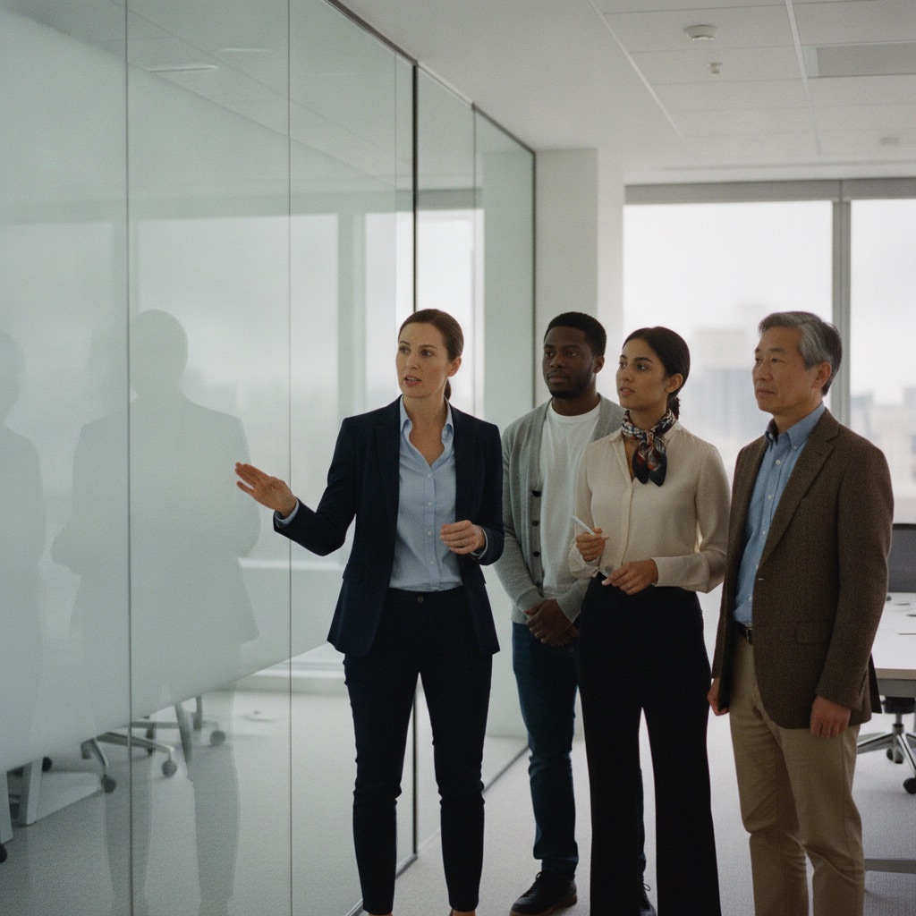 A cross-cultural strategist walking a diverse team through a framework on a whiteboard