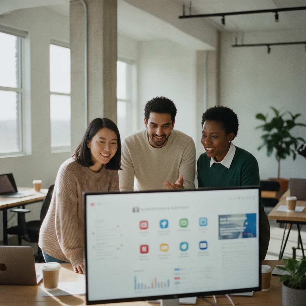 A marketing team reviewing a Japanese digital campaign and its channels on screen