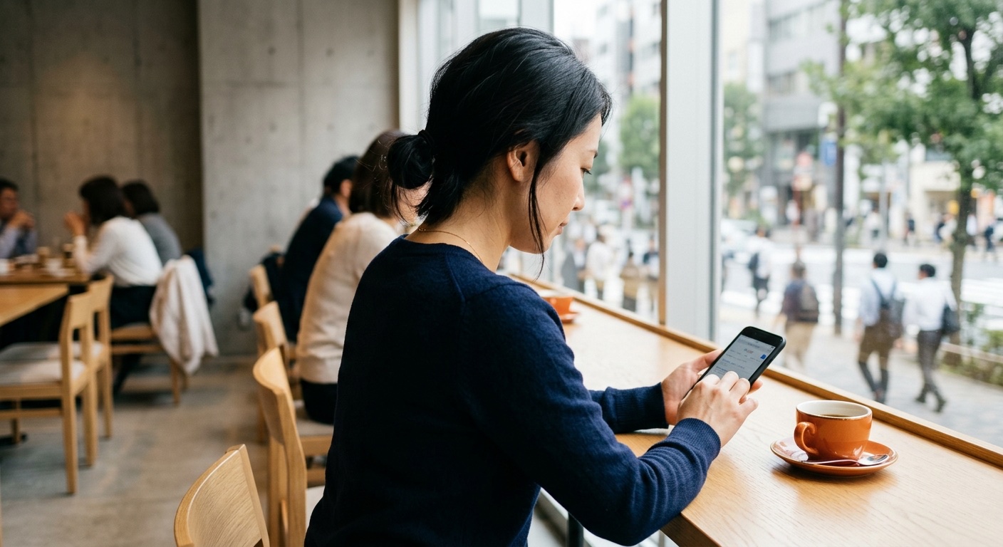A Japanese consumer searching on her smartphone in a Tokyo cafe, illustrating how Japanese customers discover brands through search