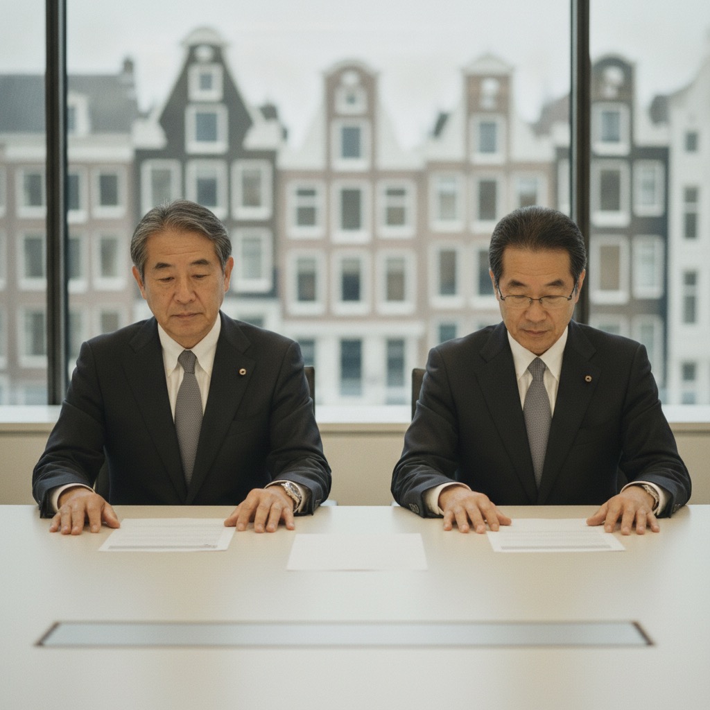 Japanese executives reviewing a European expansion plan in an Amsterdam office