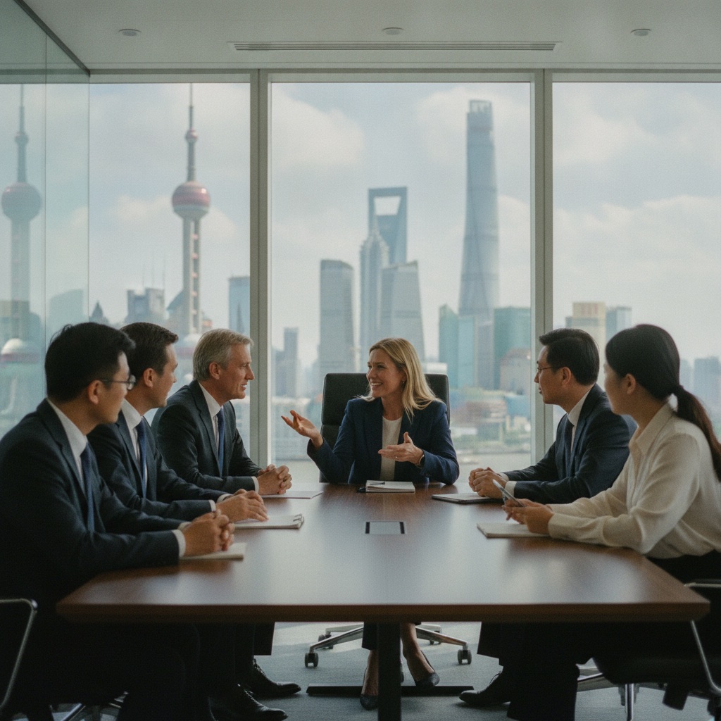 A European delegation meeting partners in a Shanghai office for market entry into mainland China