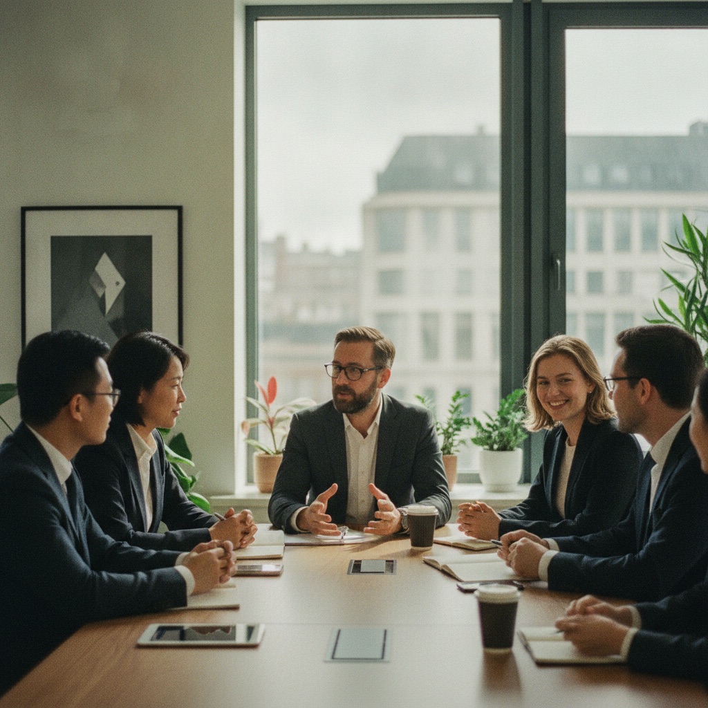Asian and European professionals in a Europe market-entry meeting