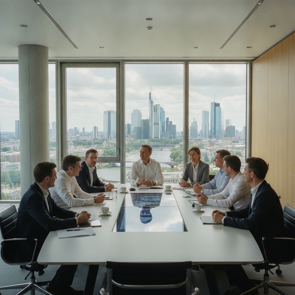 A business meeting in a Frankfurt office for market entry into Germany
