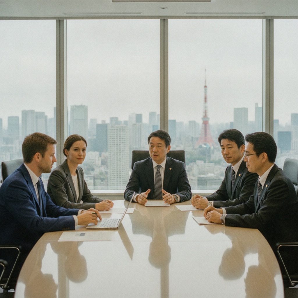 European and Japanese executives in a Tokyo boardroom discussing a Japan market entry