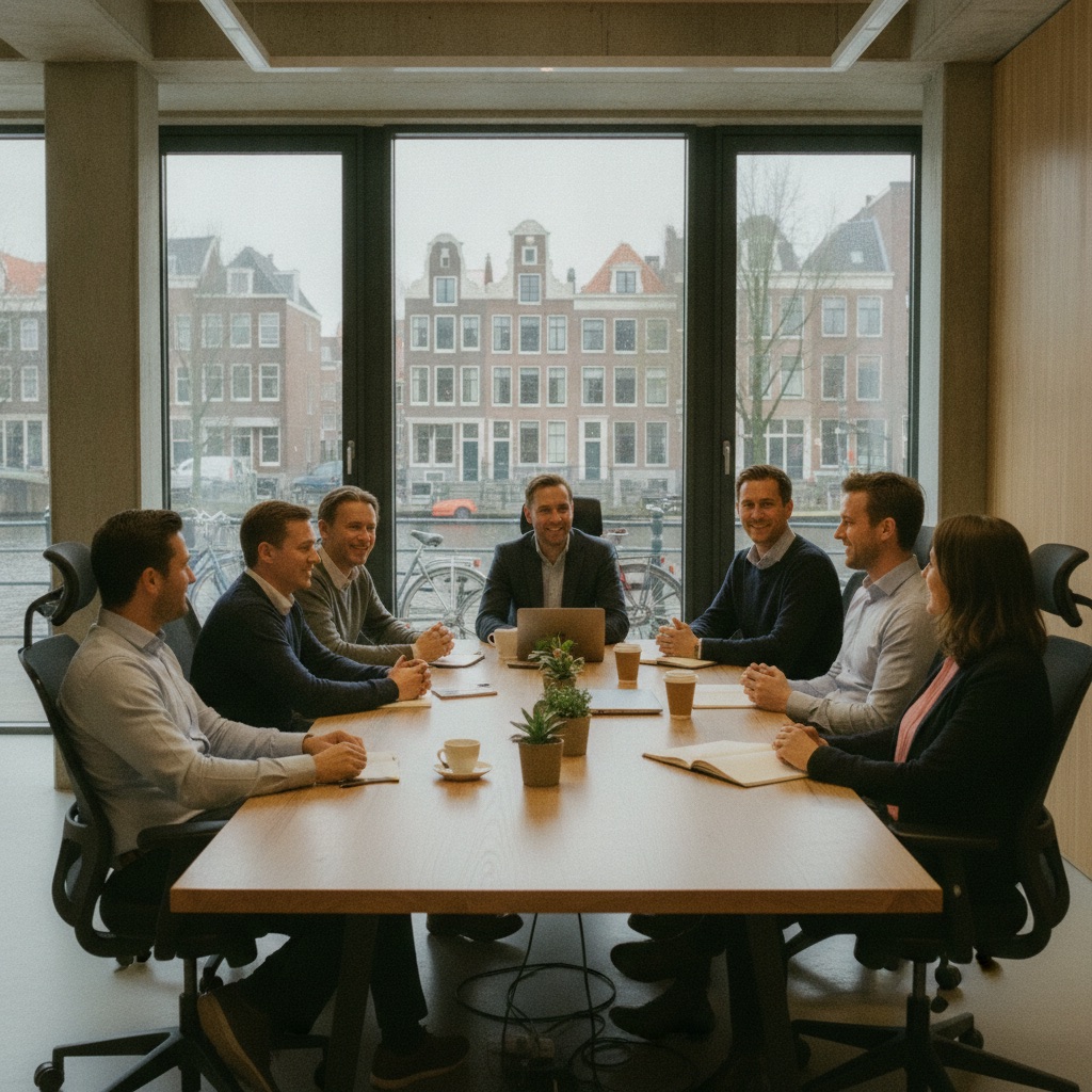 A relaxed business meeting in an Amsterdam office overlooking a canal, for market entry into the Netherlands