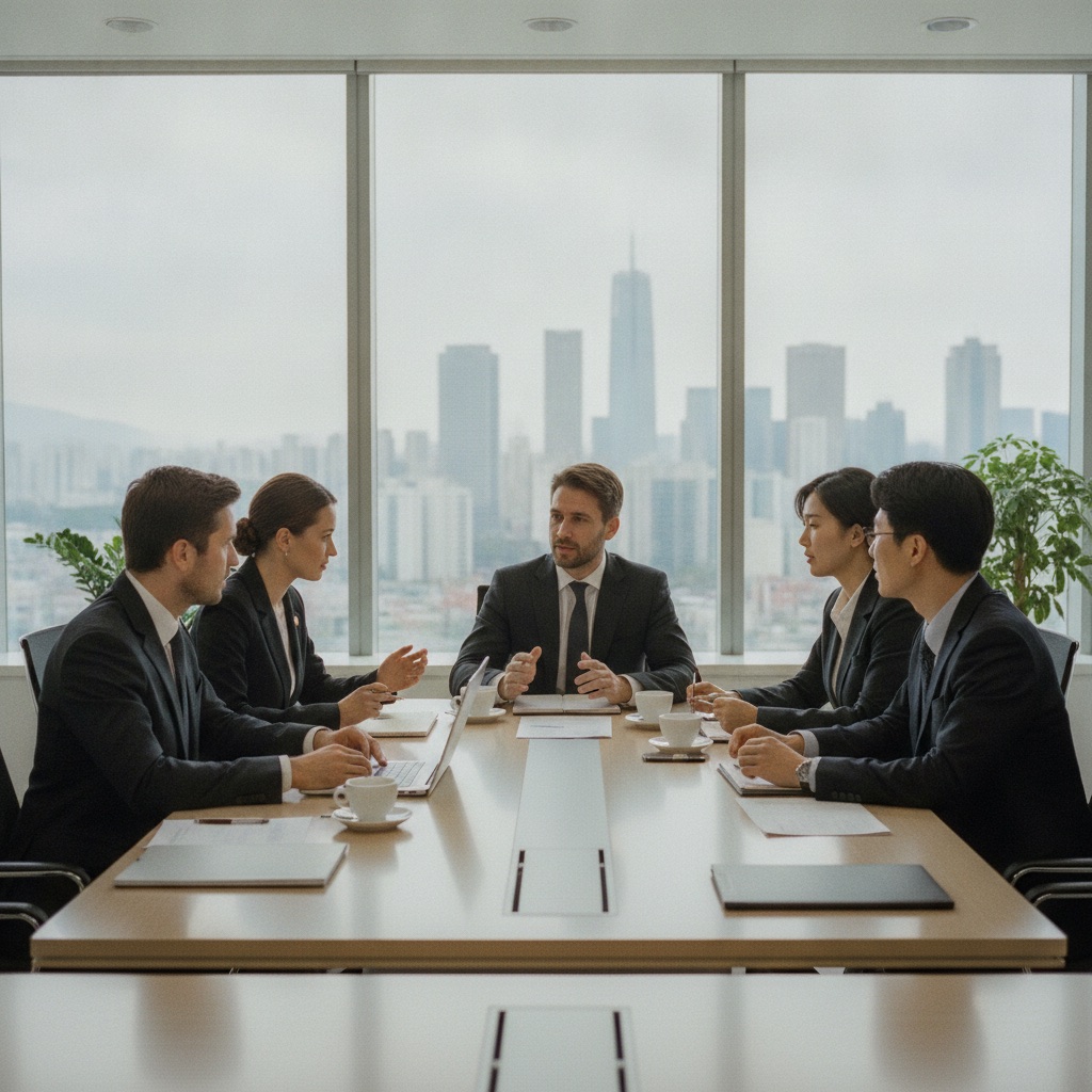 European and Korean business people meeting in a Seoul office for market entry into South Korea