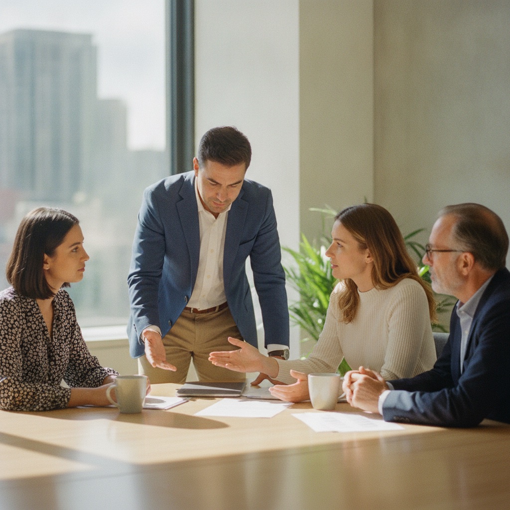A consultant meeting clients to discuss cross-cultural marketing services