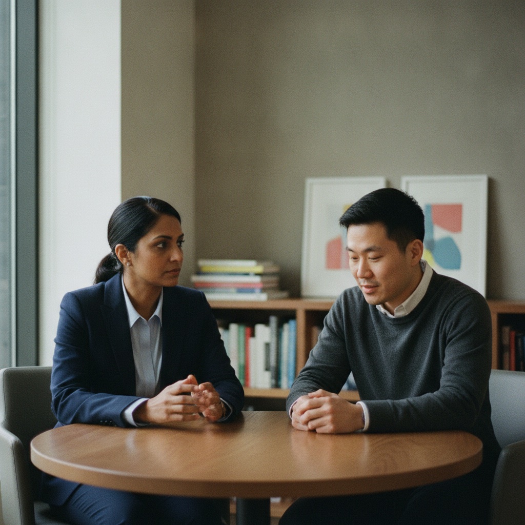 A calm one-on-one executive coaching conversation in a private office