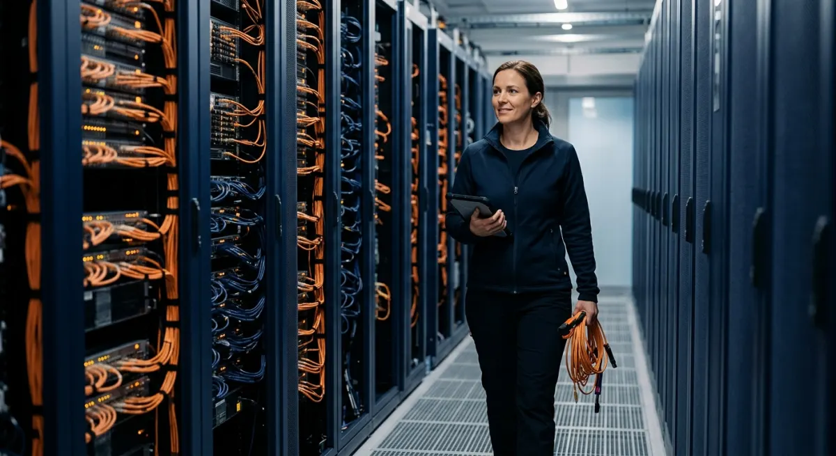 A European engineer walking a data-centre aisle of navy server racks with orange patch cabling, illustrating AEO and GEO for European B2B