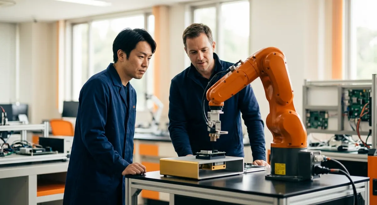 A Japanese engineer in a navy lab coat and a European vendor observing an orange robot arm in a robotics lab, illustrating AI adoption in Japan for European vendors