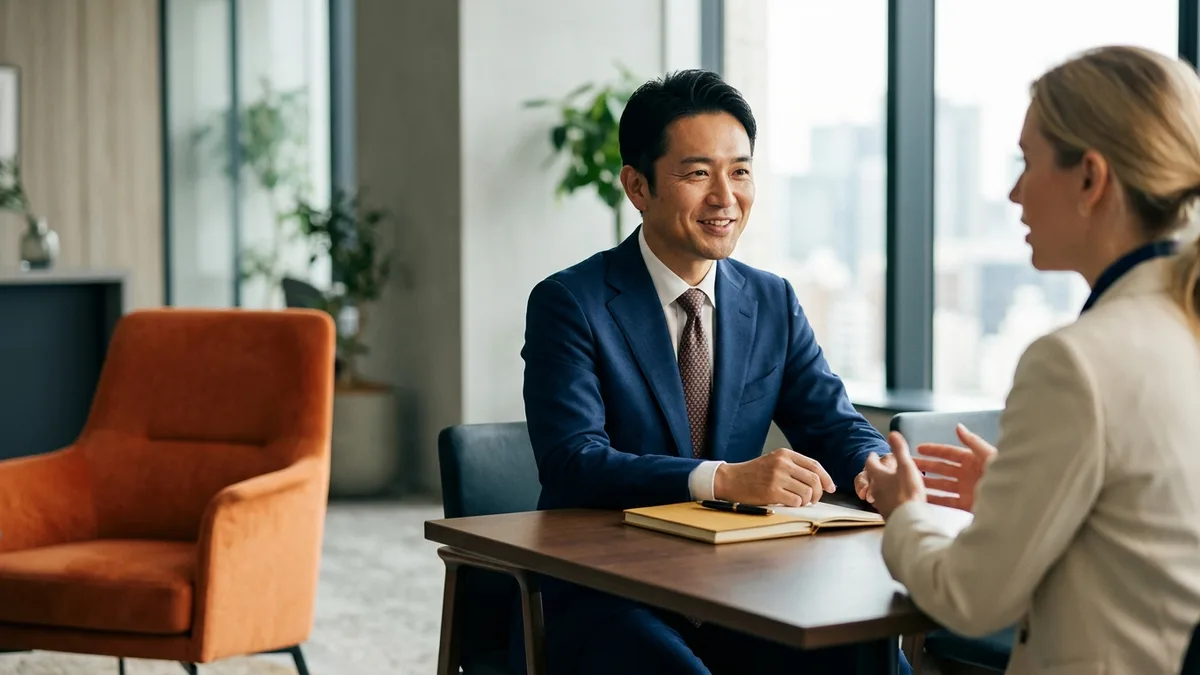A Japanese listener nodding attentively while a European colleague speaks across a meeting table