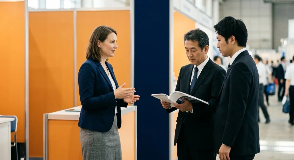 A European exhibitor talking with two Japanese engineers reading a technical catalogue at a trade-show booth in Japan, illustrating events as the discovery layer of Japanese B2B marketing