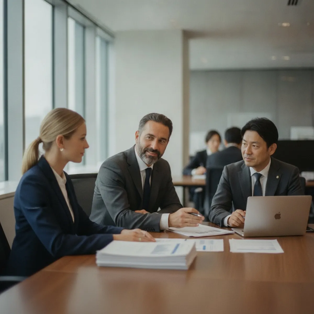 European founders in a consultation with a Japanese market-entry consultant in a Tokyo office