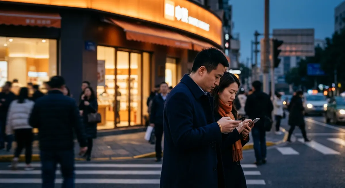 Chinese commuters checking their phones at a Shanghai crossing under an orange storefront glow, illustrating social media use in China