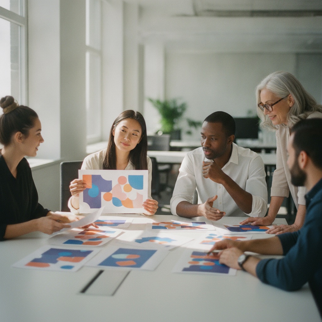 A diverse marketing team reviewing localized versions of a campaign for different markets