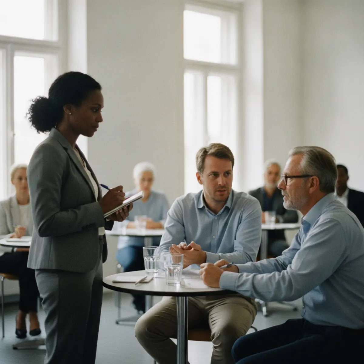 A trainer facilitating a role-play rehearsal of a real workplace conversation in a cross-cultural training session