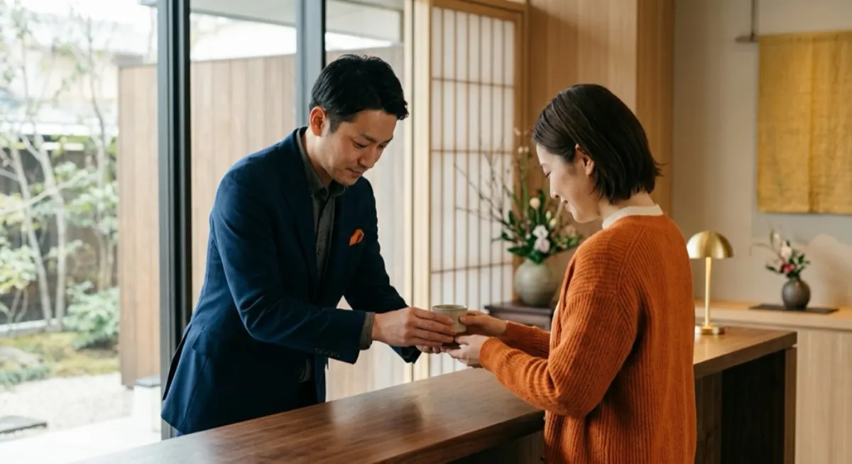 A Japanese host offering tea to a guest with both hands in a refined setting, illustrating a high service standard as a cultural value that has been named and learned to perform