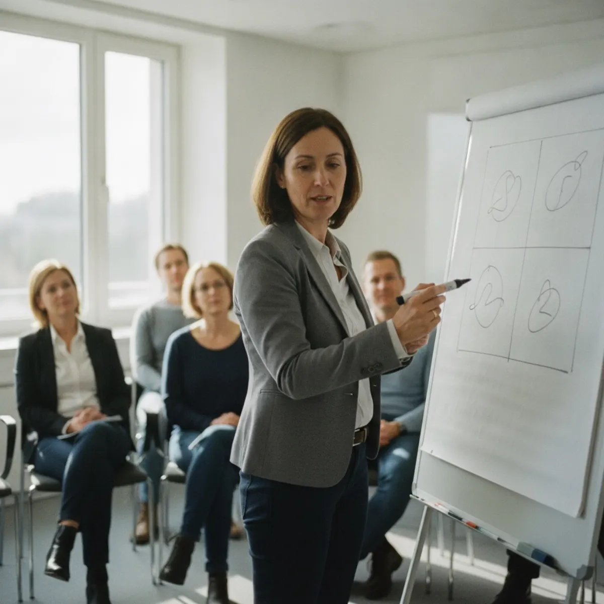 A facilitator sketching a two-by-two cultural dimensions grid on a whiteboard for a training group