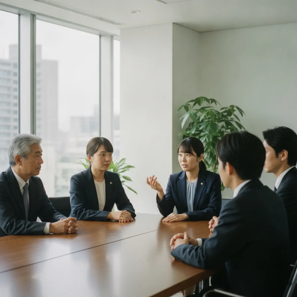 A Japanese office team of varied ages and genders in an inclusive team discussion