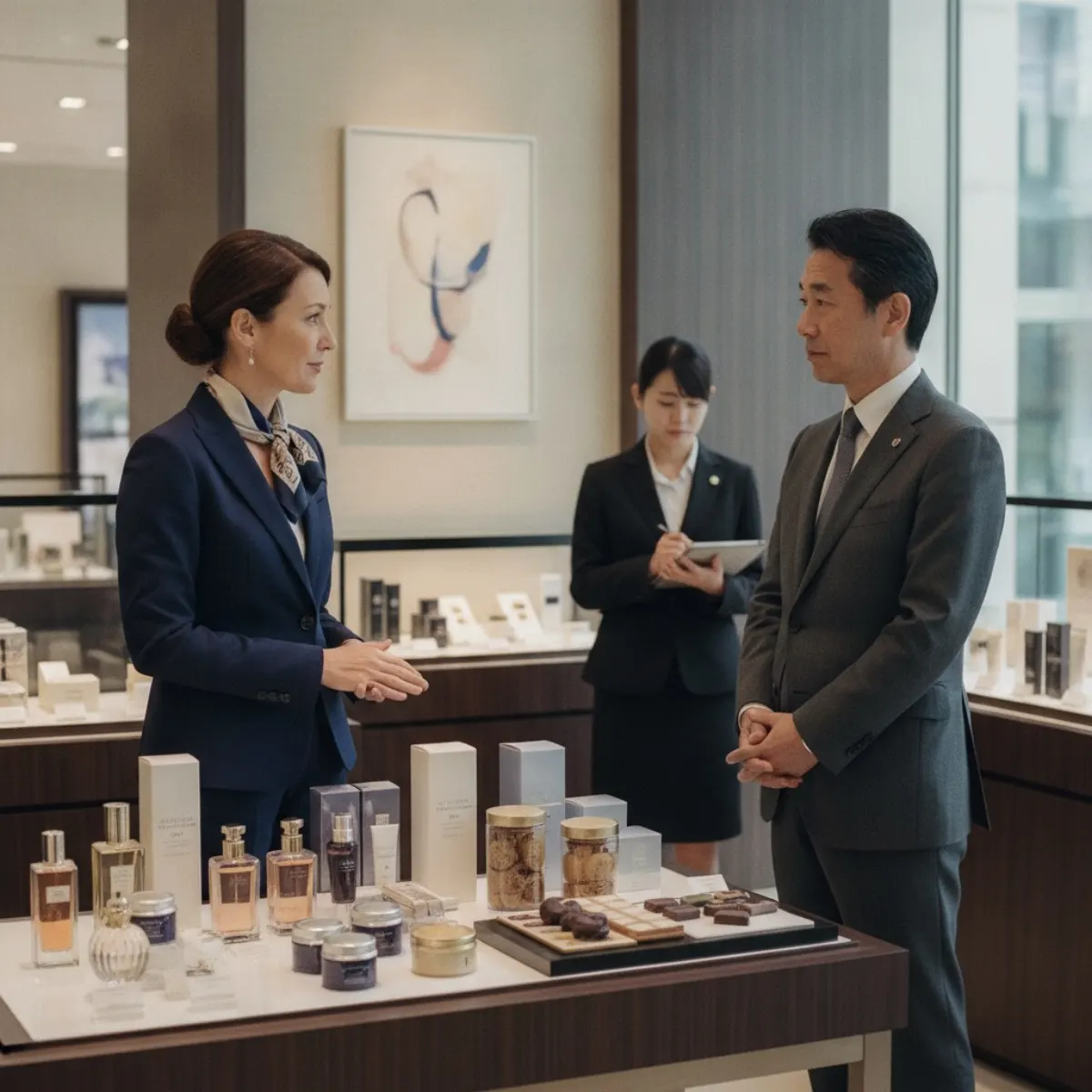 A French exporter presenting cosmetics and fine food to a buyer in a Japanese department store