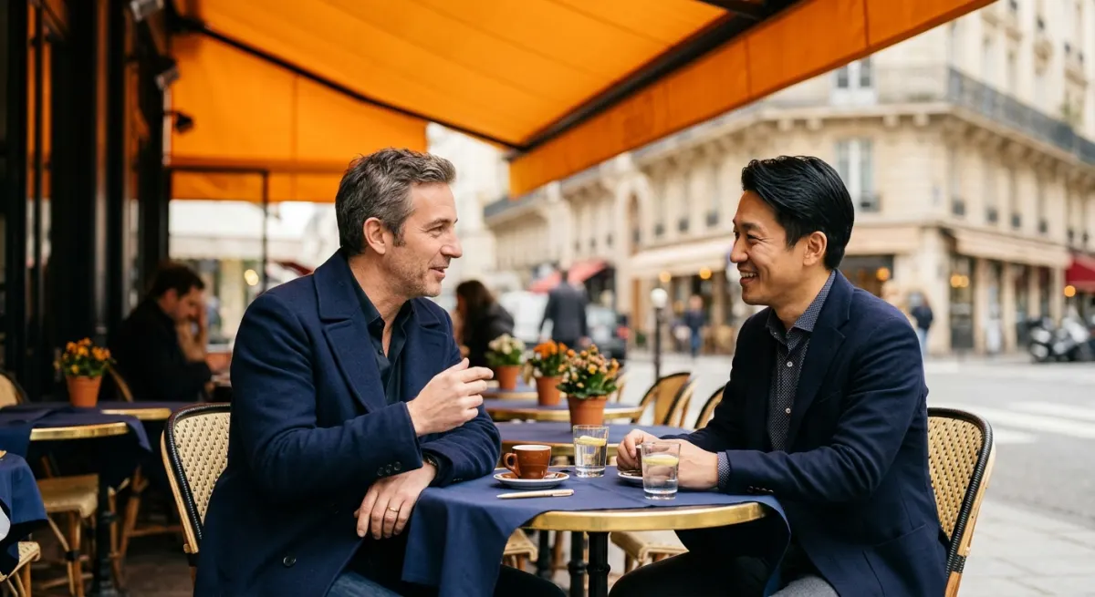A French businessman in a navy coat and a Japanese partner talking under an orange café awning in Paris, illustrating doing business in Japan from France