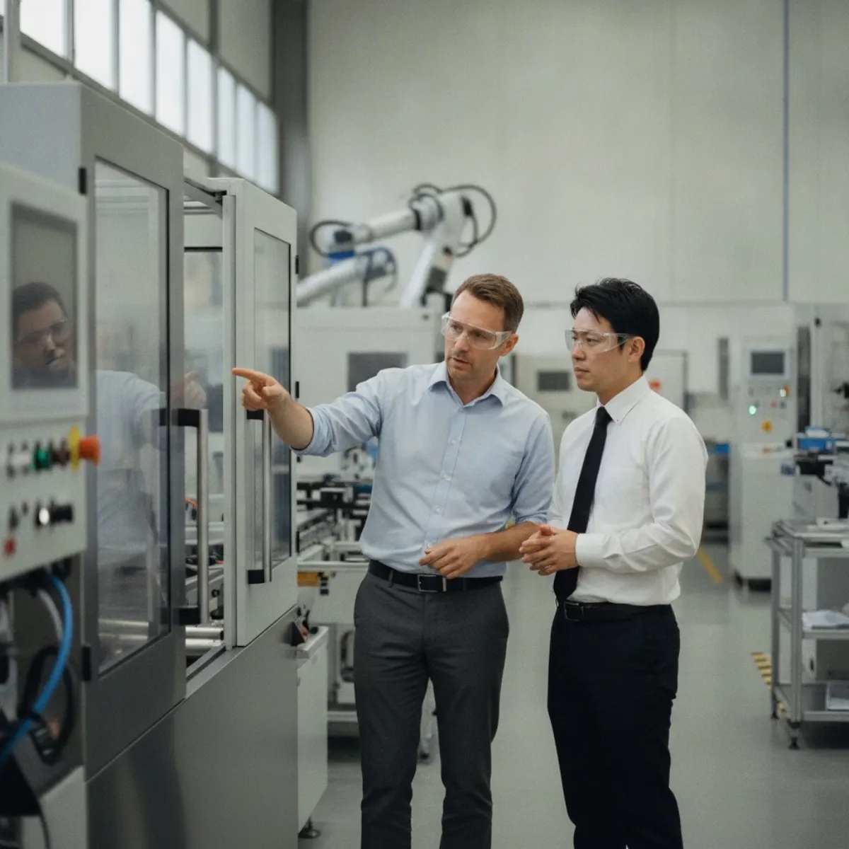 A German and a Japanese engineer inspecting precision machinery together on a factory floor
