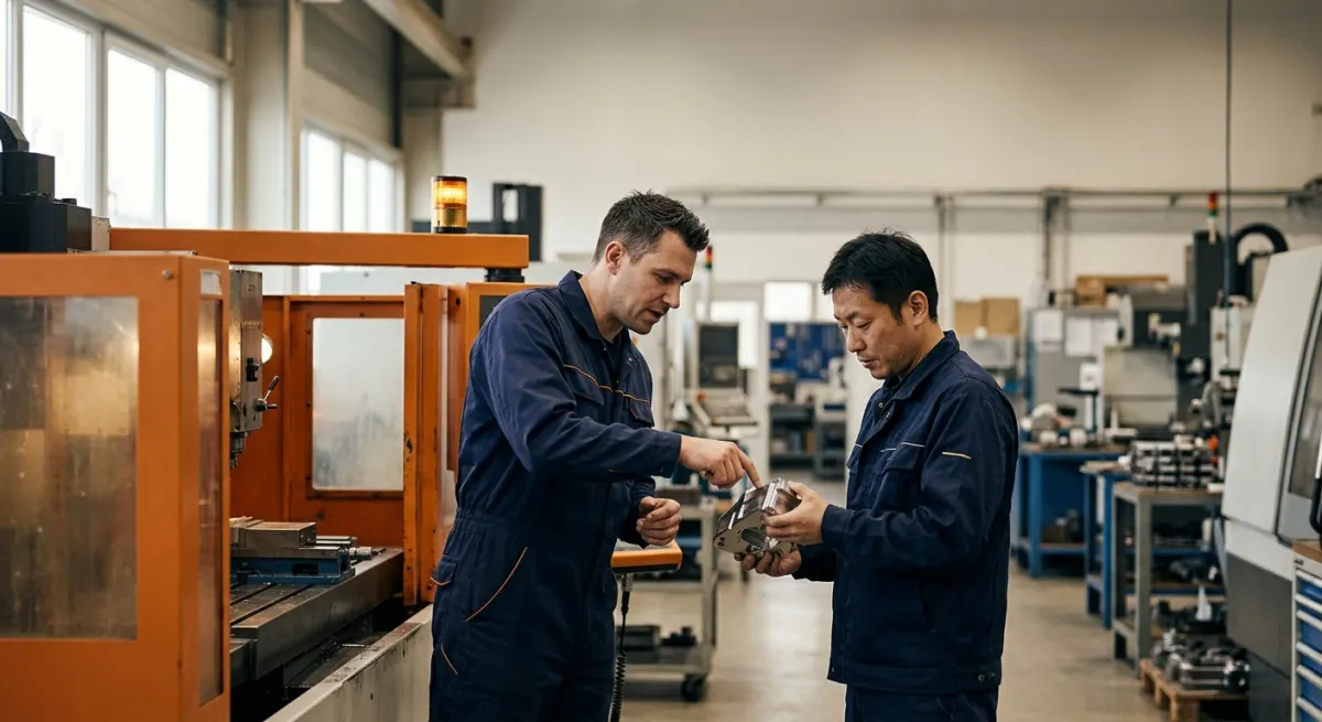 A German engineer in navy workwear and a Japanese counterpart inspecting a part by an orange-trimmed machine, illustrating doing business in Japan from Germany