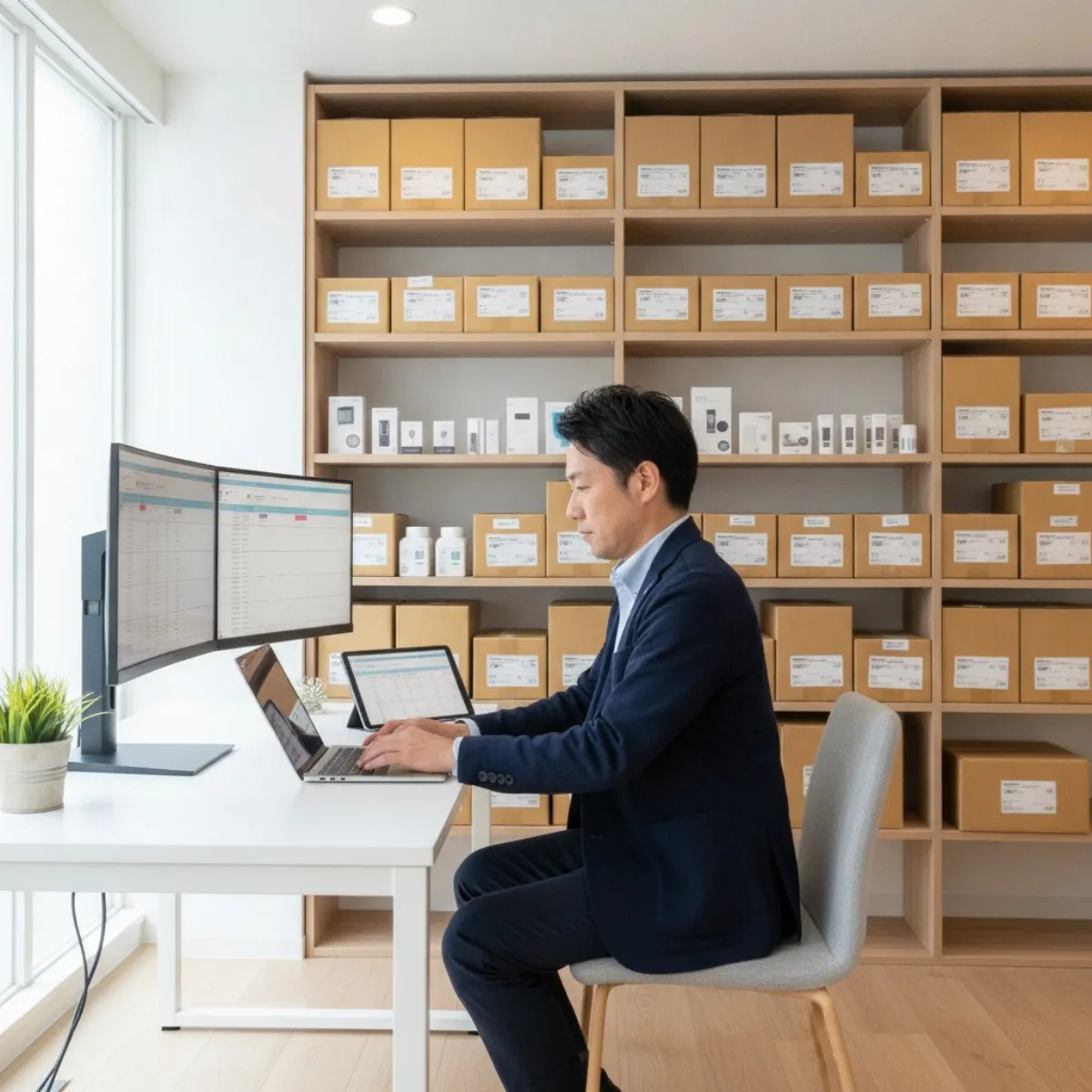 A seller managing online orders in a fulfilment workspace, part of how e-commerce in Japan runs across Rakuten, Amazon Japan and Yahoo Shopping
