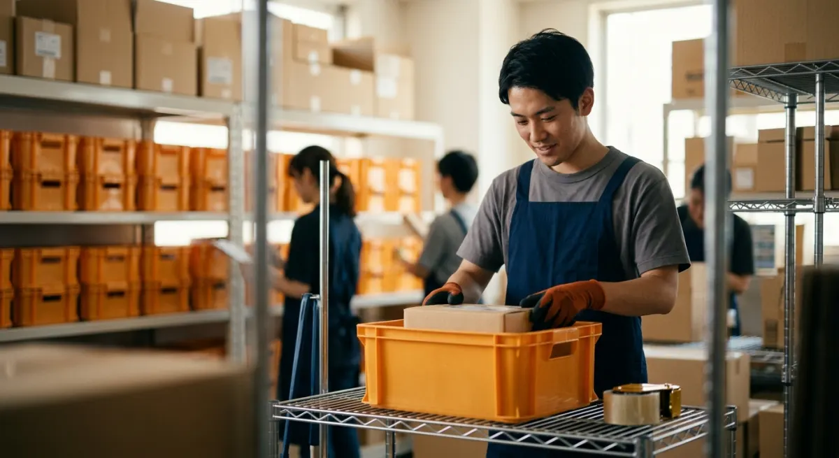 A warehouse worker in a navy apron packing an order into an orange tote in a Japanese e-commerce fulfilment stockroom, illustrating e-commerce in Japan