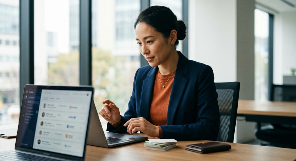 A Japanese professional reviewing an organised digital contact list on a laptop beside a stack of business cards and a card case, illustrating meishi digitised and managed by an app like Eight