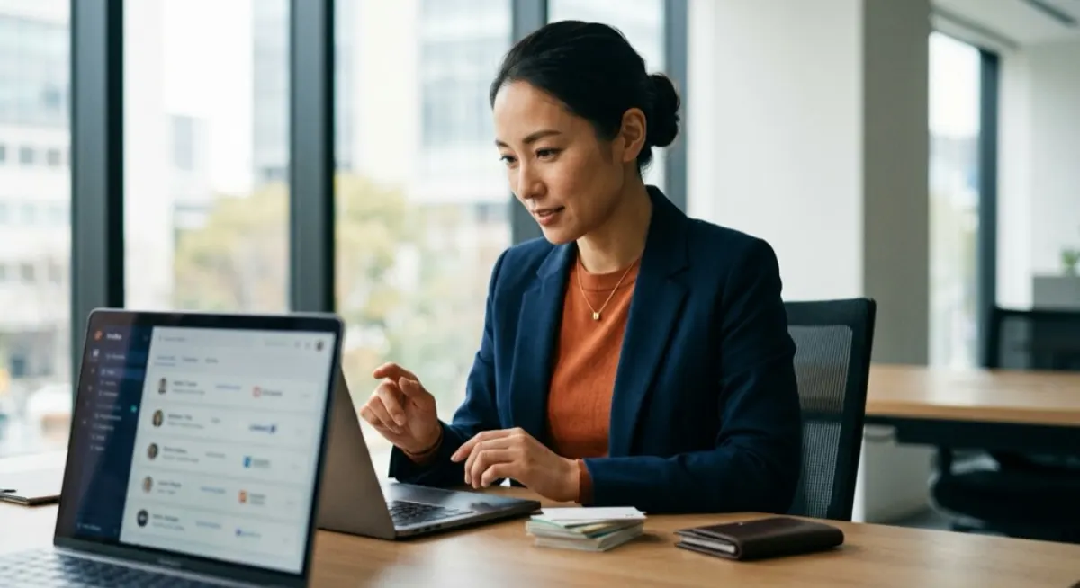 A Japanese professional reviewing an organised digital contact list on a laptop beside a stack of business cards and a card case, illustrating meishi digitised and managed by an app like Eight