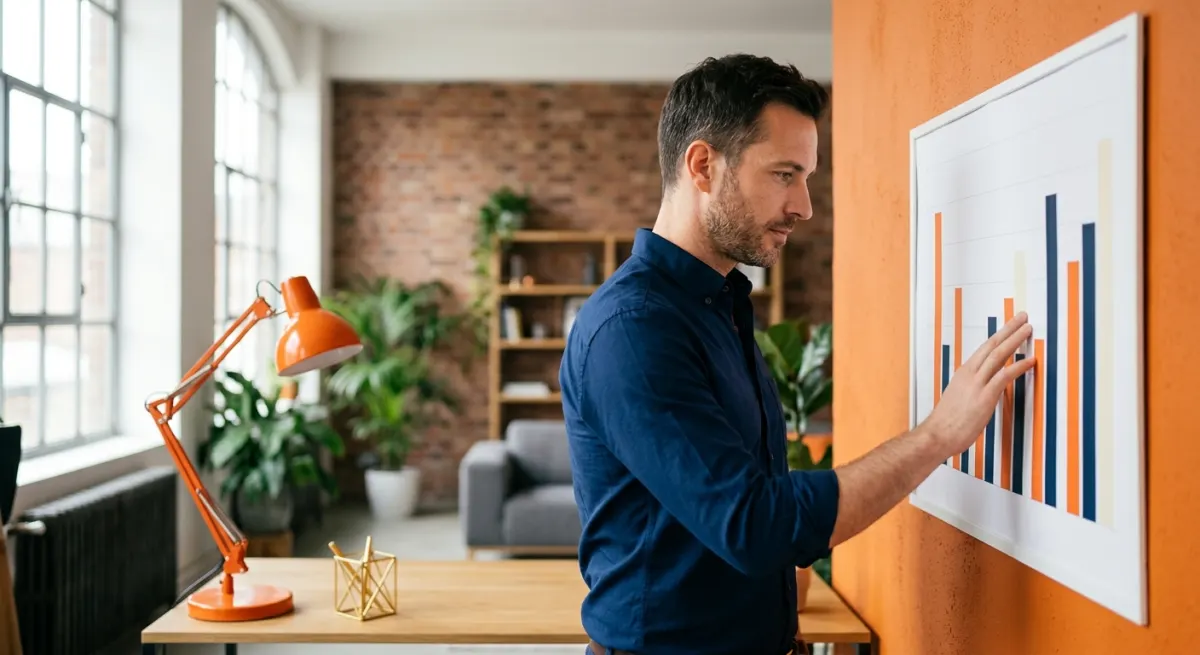 A European analyst studying an abstract printed chart on an orange wall, illustrating EU-Japan and Netherlands-Japan business statistics