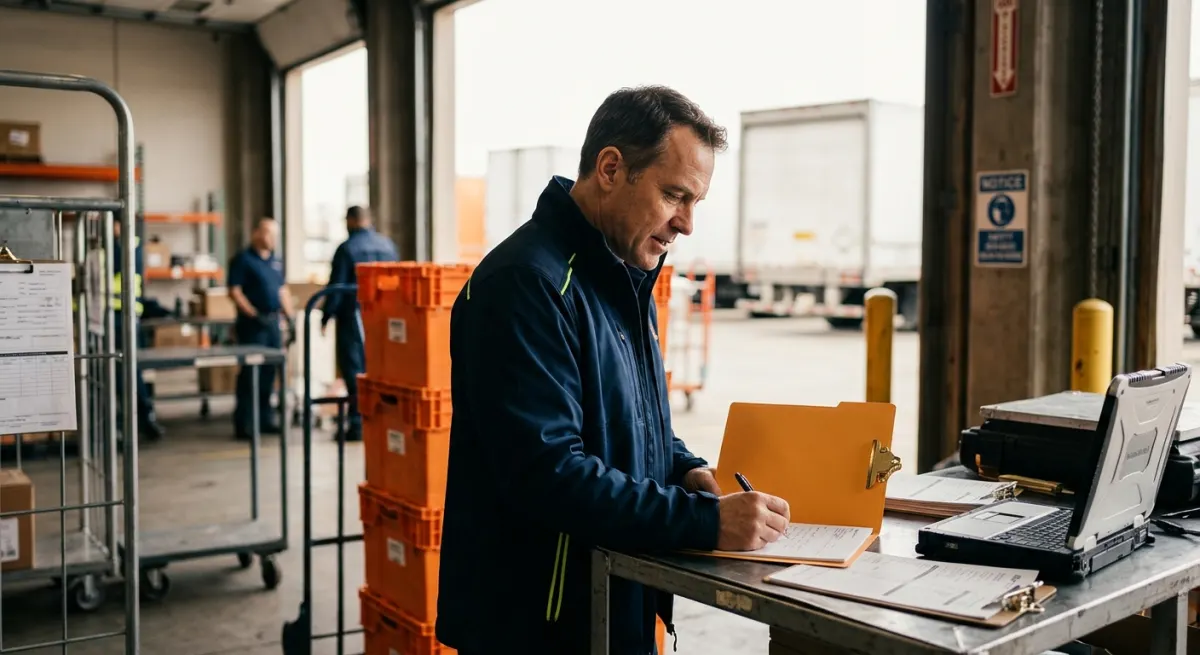 A freight officer in navy checking an orange folder beside orange crates at a loading bay, illustrating the EU-Japan EPA for marketers
