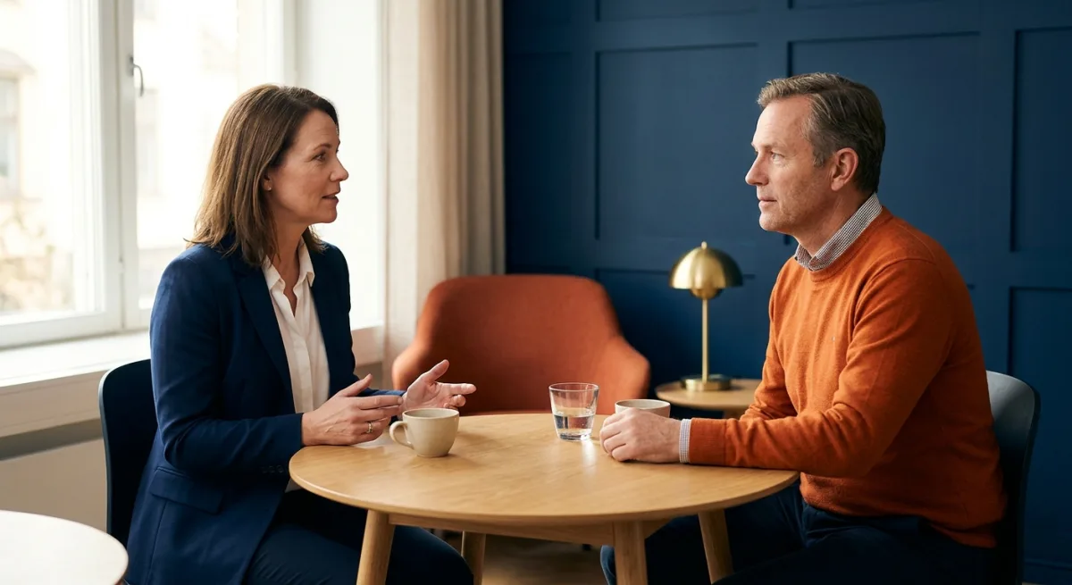 A European founder and a part-time growth lead talking through an engagement at a small office table, illustrating fractional CMO cost