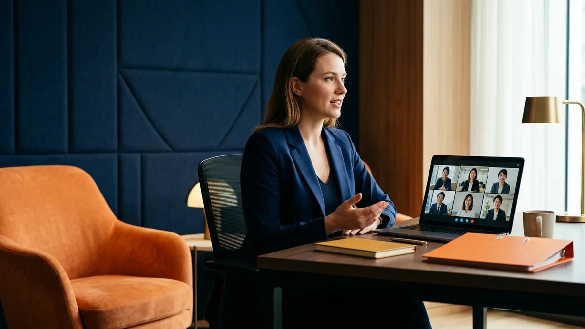 A European fractional CMO on a video call briefing an East Asian team on a cross-cultural growth plan