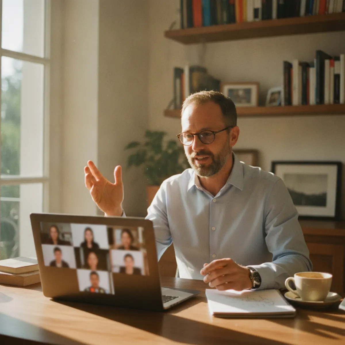 A European fractional CMO on a video call briefing an East Asian team on a cross-cultural growth plan