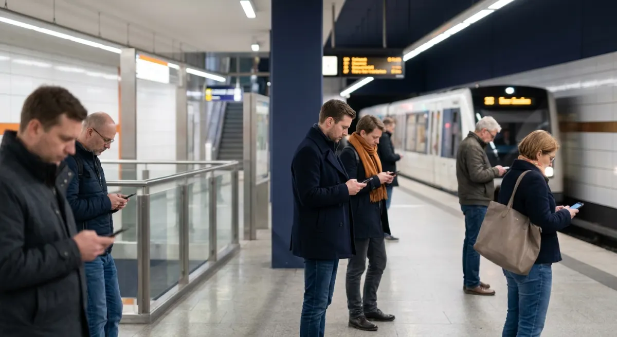 Germany social media statistics in context: commuters reading their phones on a U-Bahn platform in a German city