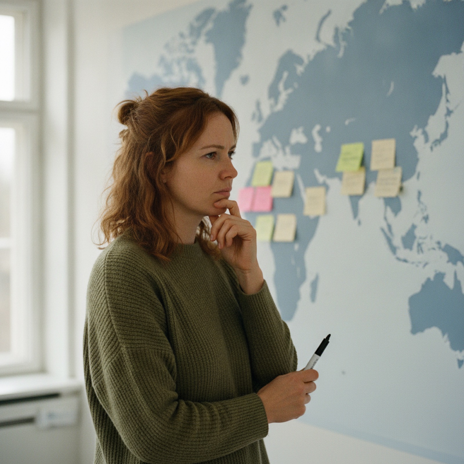A marketing strategist mapping channel strategy by region against a world map of grouped sticky notes