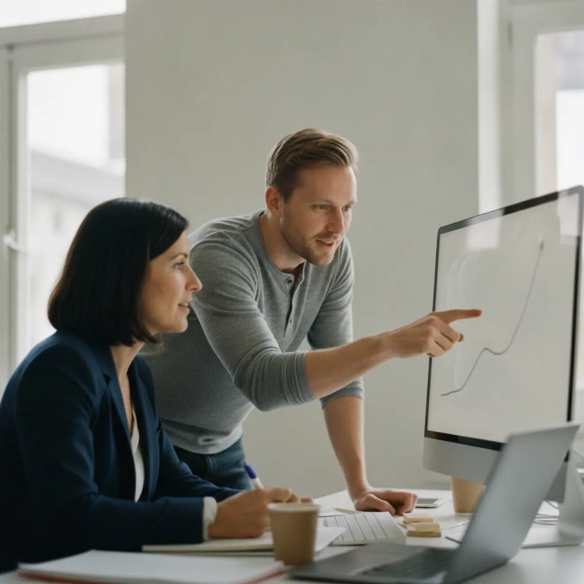 Two colleagues reviewing an activation-rate trend on a monitor while planning an onboarding rebuild