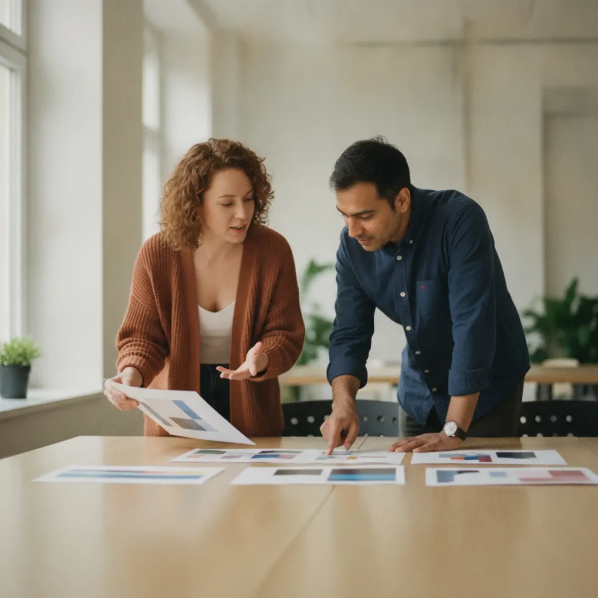 Two marketers comparing campaign creative variants for different European markets