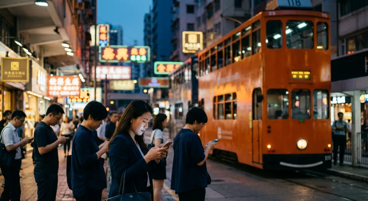 Hong Kong commuters checking phones beside an orange tram at dusk, illustrating social media use in Hong Kong