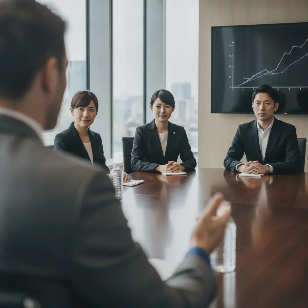 Japanese colleagues keeping composed, polite expressions in a meeting, illustrating honne and tatemae in Japanese communication