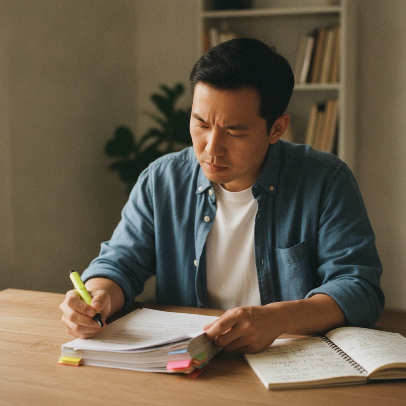 An executive studying a tabbed cultural briefing document while preparing for international business expansion