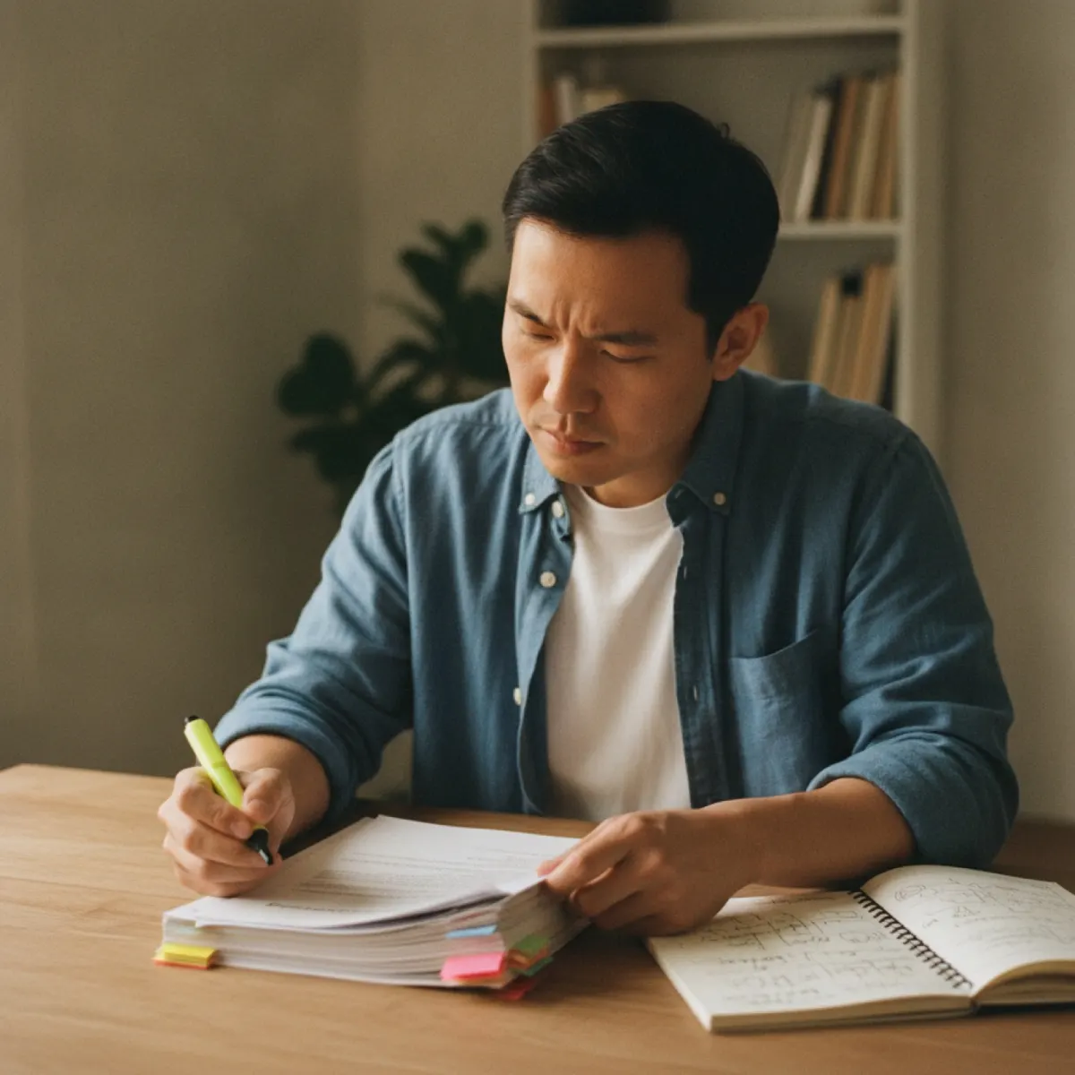An executive studying a tabbed cultural briefing document while preparing for international business expansion