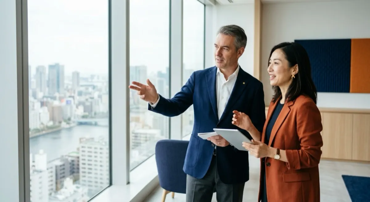 A European executive and a Japanese colleague discussing their approach at a Tokyo office window, illustrating planning which B2B channels to use for the Japanese market