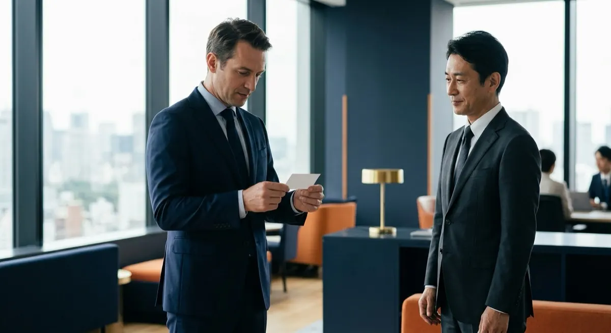 A European executive reading a Japanese business card held flat in both hands as his Japanese counterpart looks on, the meishi exchange at the centre of Japan B2B networking