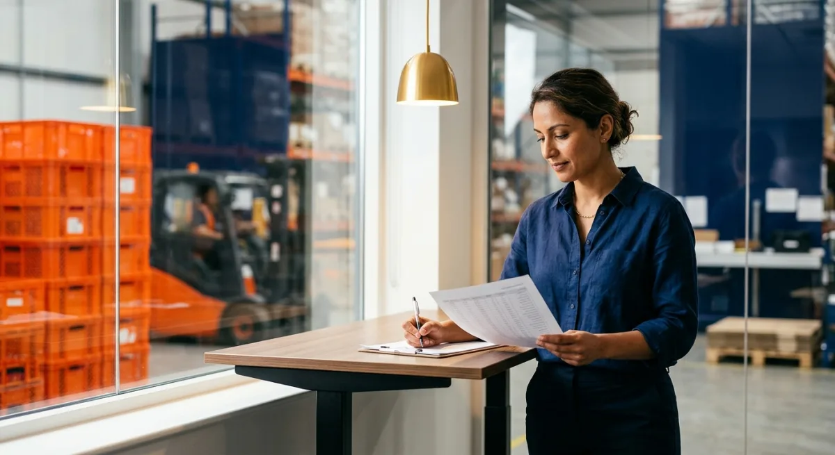 A European operations manager reviewing distribution paperwork beside orange stacked crates in a warehouse office, illustrating Japan entity and distribution route choices