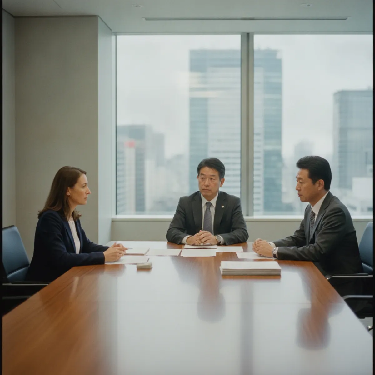 A European executive meeting Japanese partners across a table in a Tokyo office