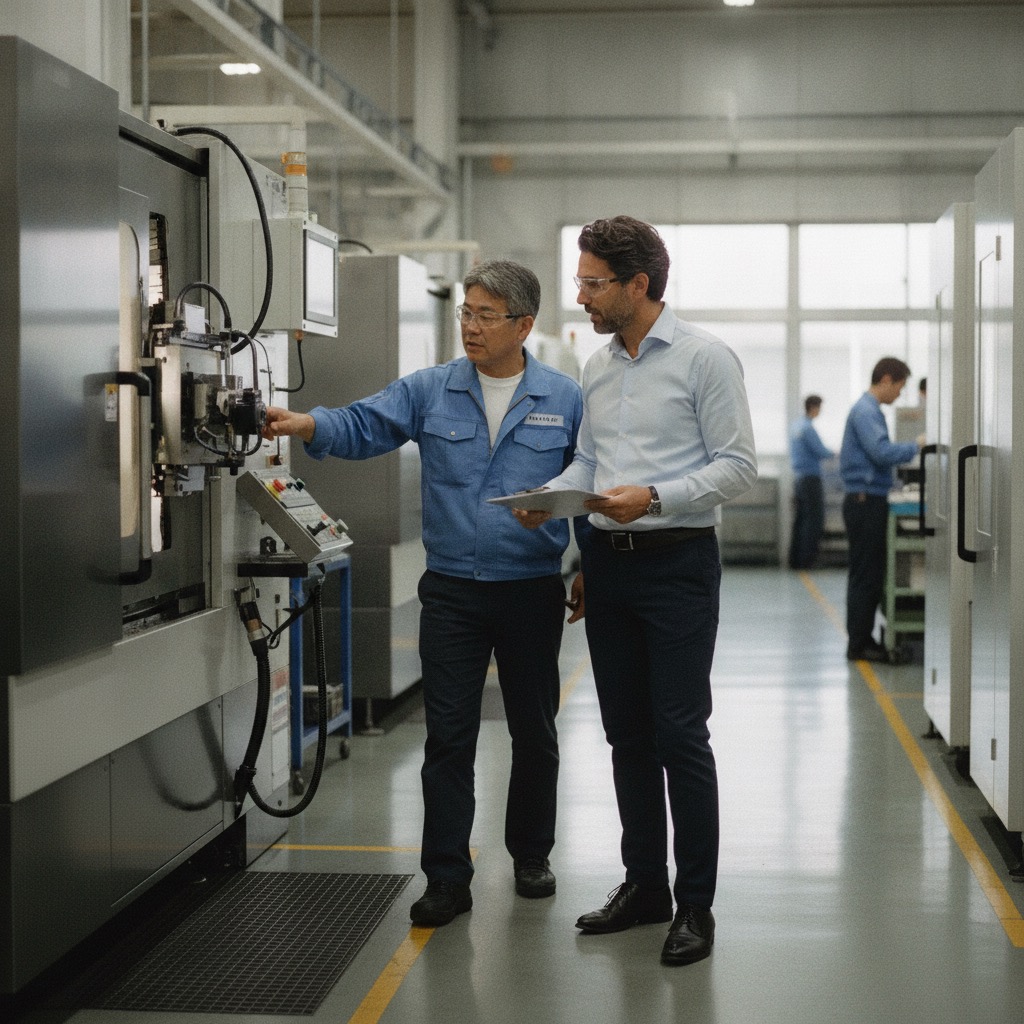 A European visitor touring a Japanese precision-manufacturing facility with a plant engineer