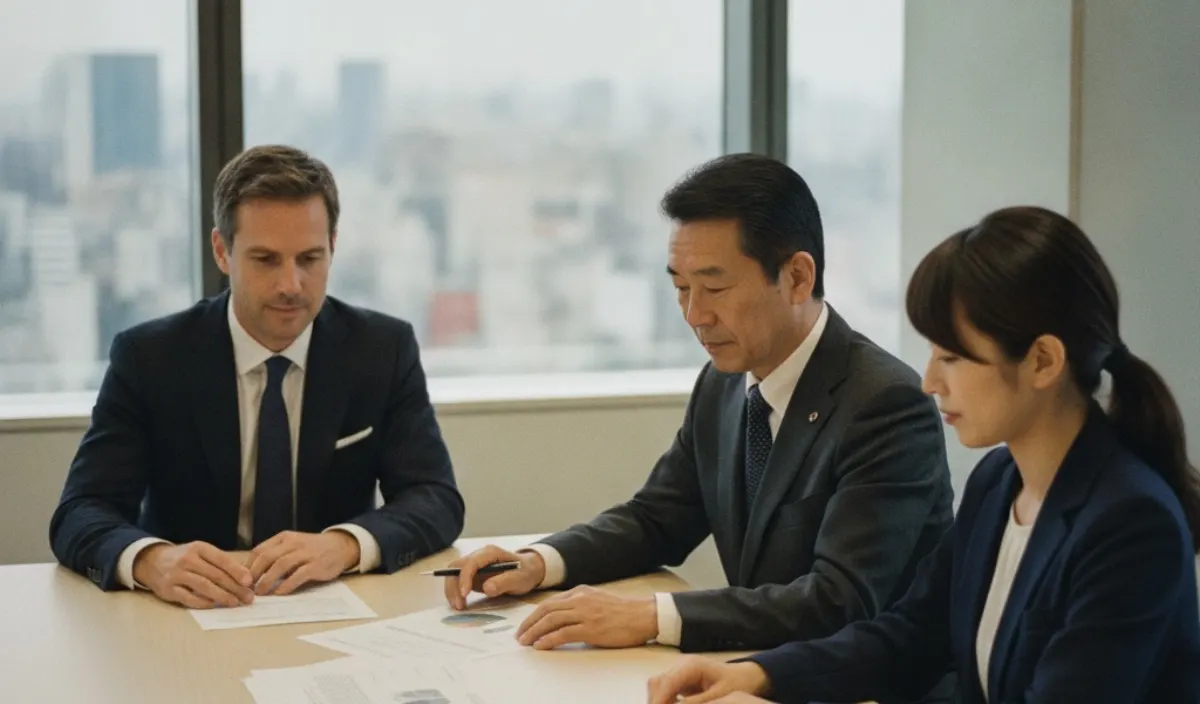 A European client meeting a Japanese agency team over campaign mockups in a Tokyo office